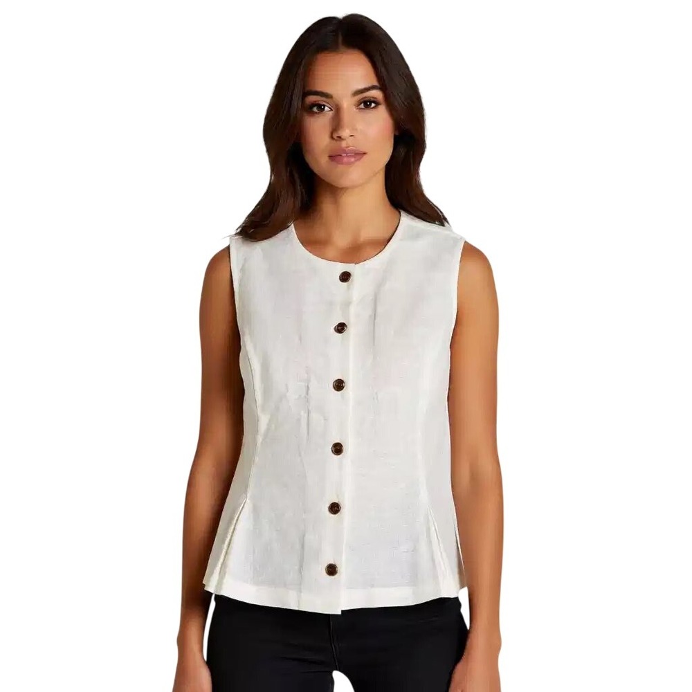 Nine‎ West Jeans Women White Linen Blend Sleeveless Button Front Peplum M NWT